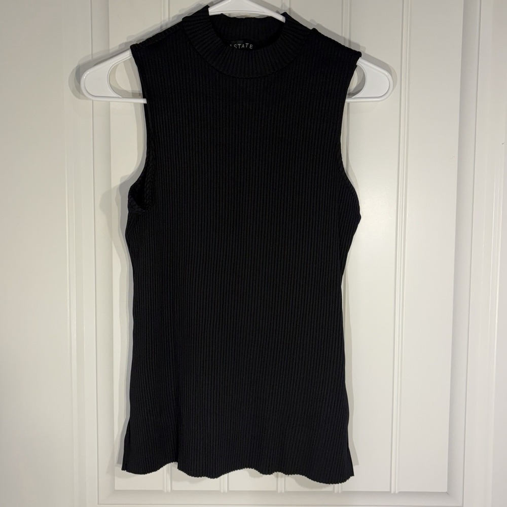1.STATE Ribbed‎ Sleeveless Knit Top Women's M Black Mock Neck Stretch Tank